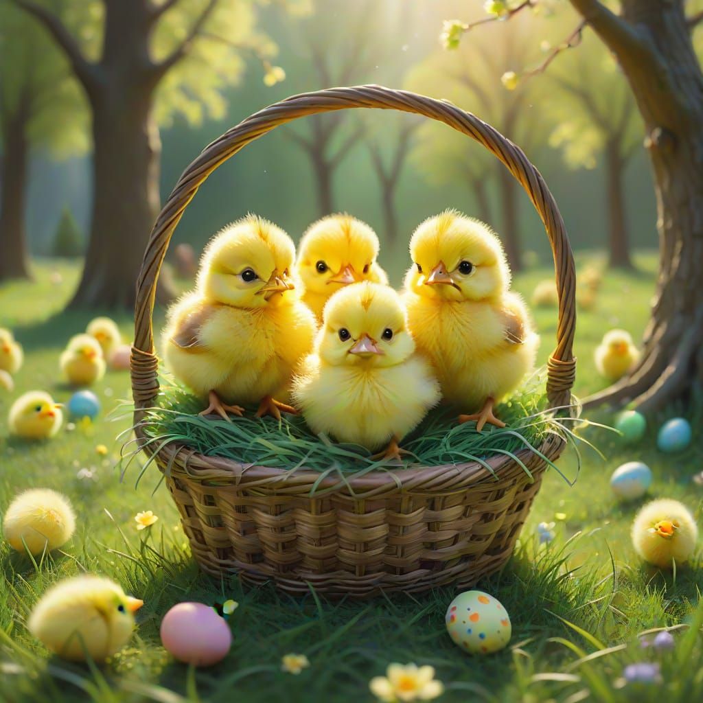 Ethereal Easter Scene with Fuzzy Chicks in a Field of Green