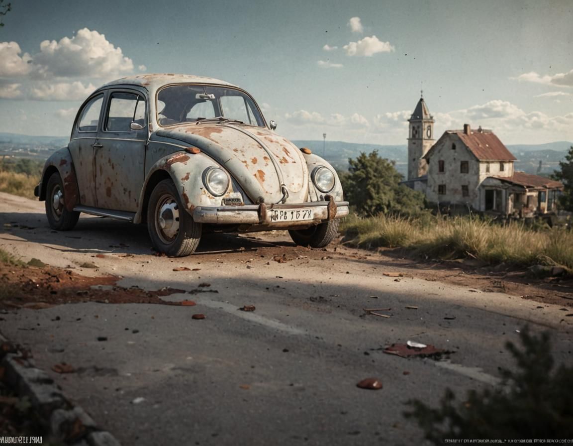 Vintage VW Beetle Poster in Kombuchapunk Style