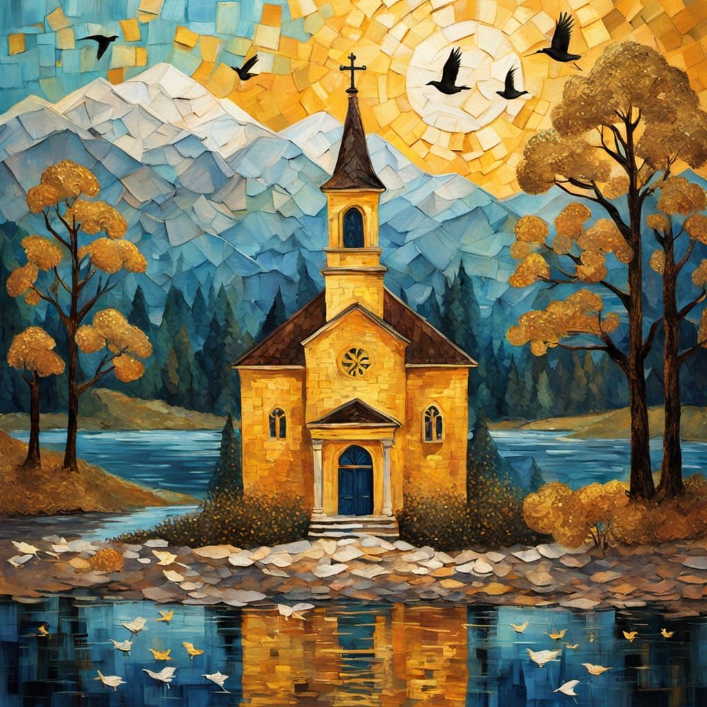 Chapel by Lake Collage with Birds in Folk Art Style