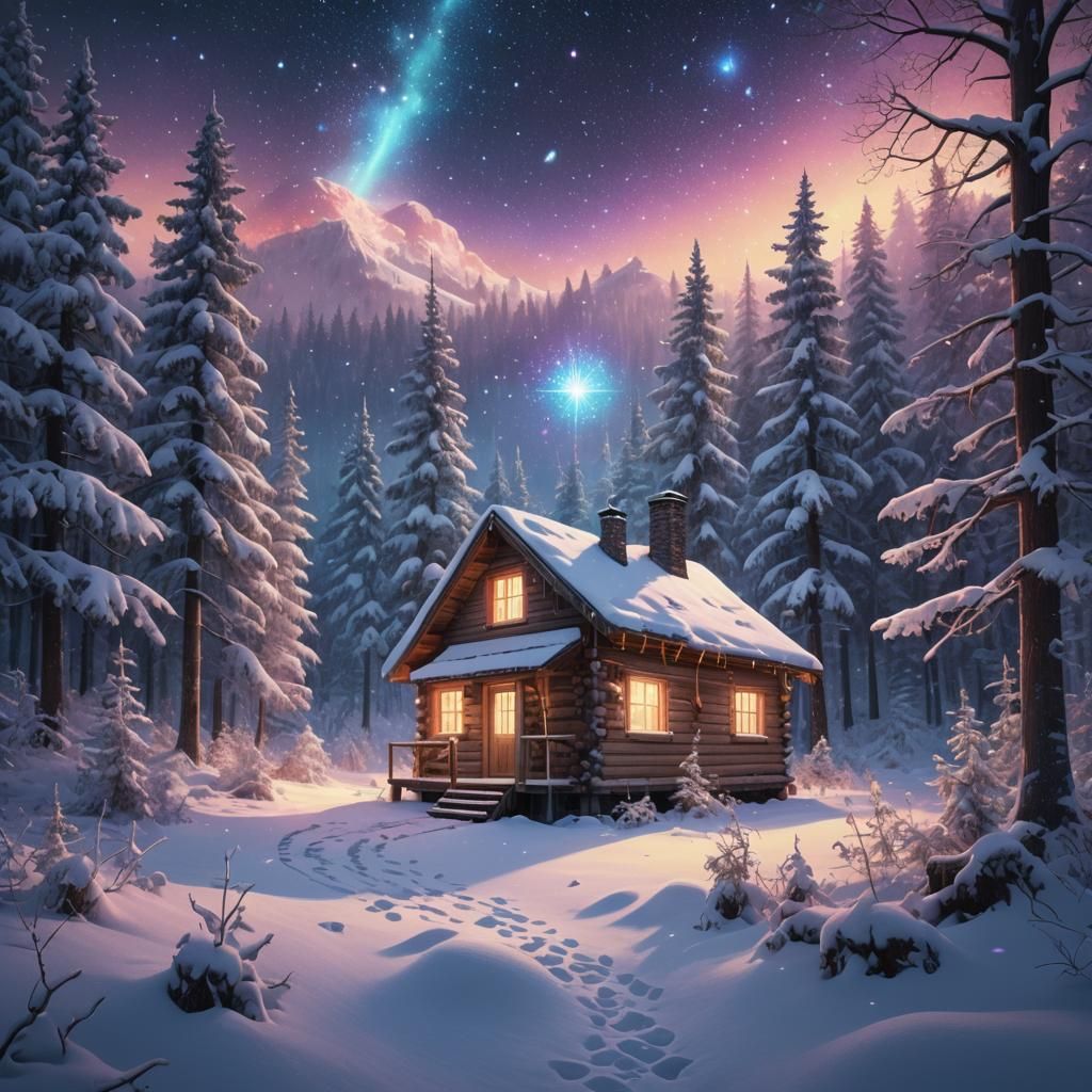 Cosmic Cabin in Snowy Forest: Surreal Illustration