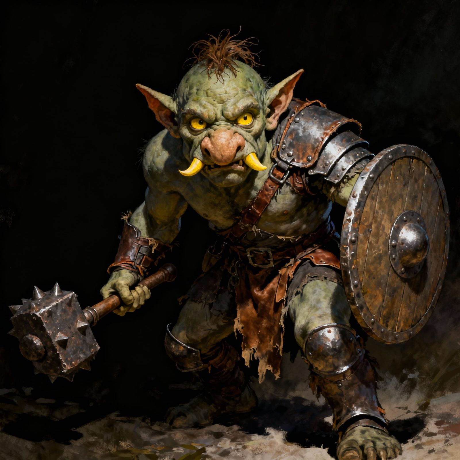 Greenish Goblin Defends with Shield and Mace