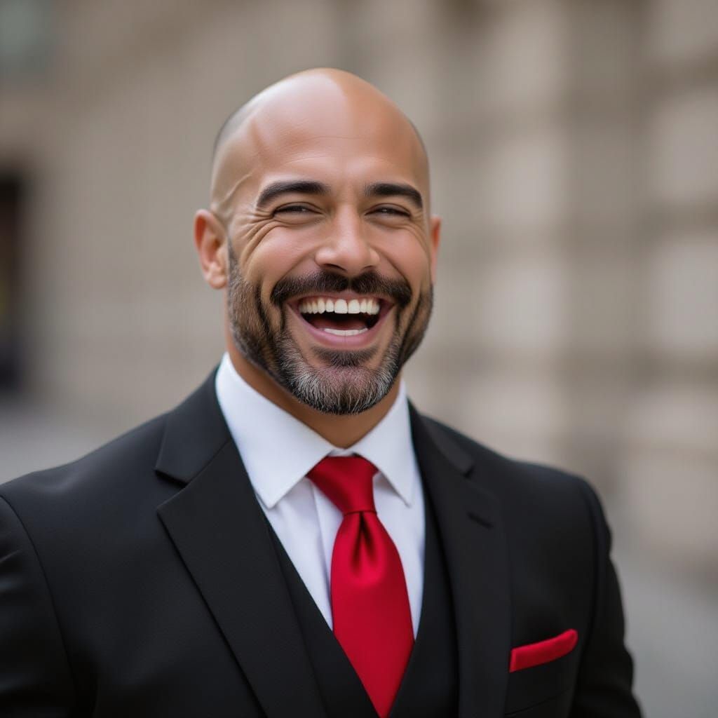 Laughing Bald Man in Black Suit Portrait