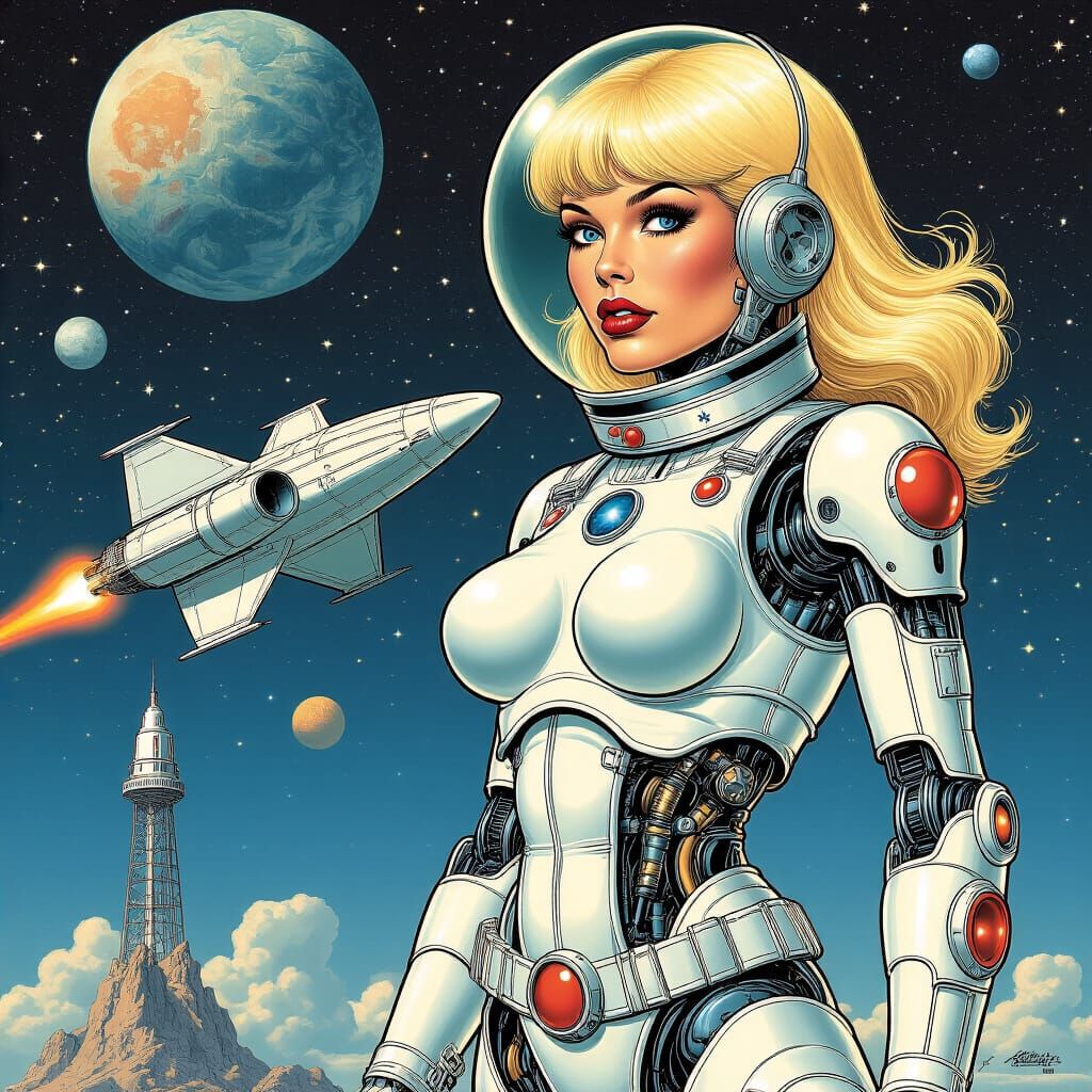 Astronaut and Cyborg Beauty on Sci-Fi Comic Cover