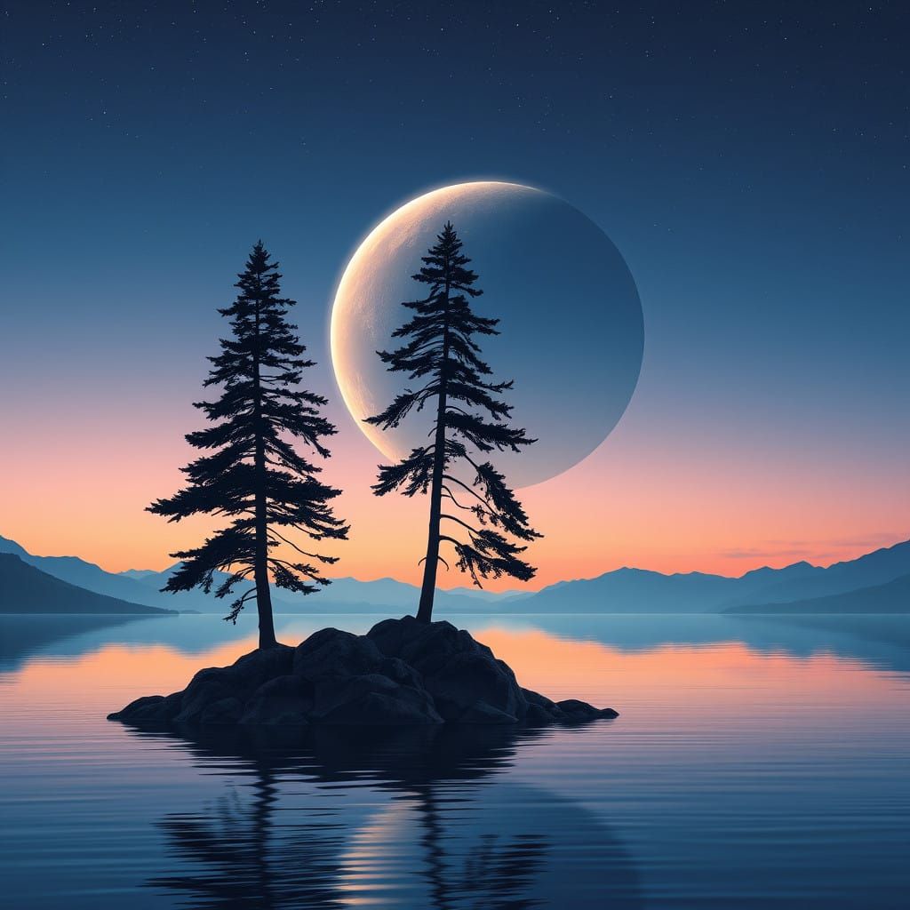 Cosmic Landscape with Pine Trees and Celestial Body