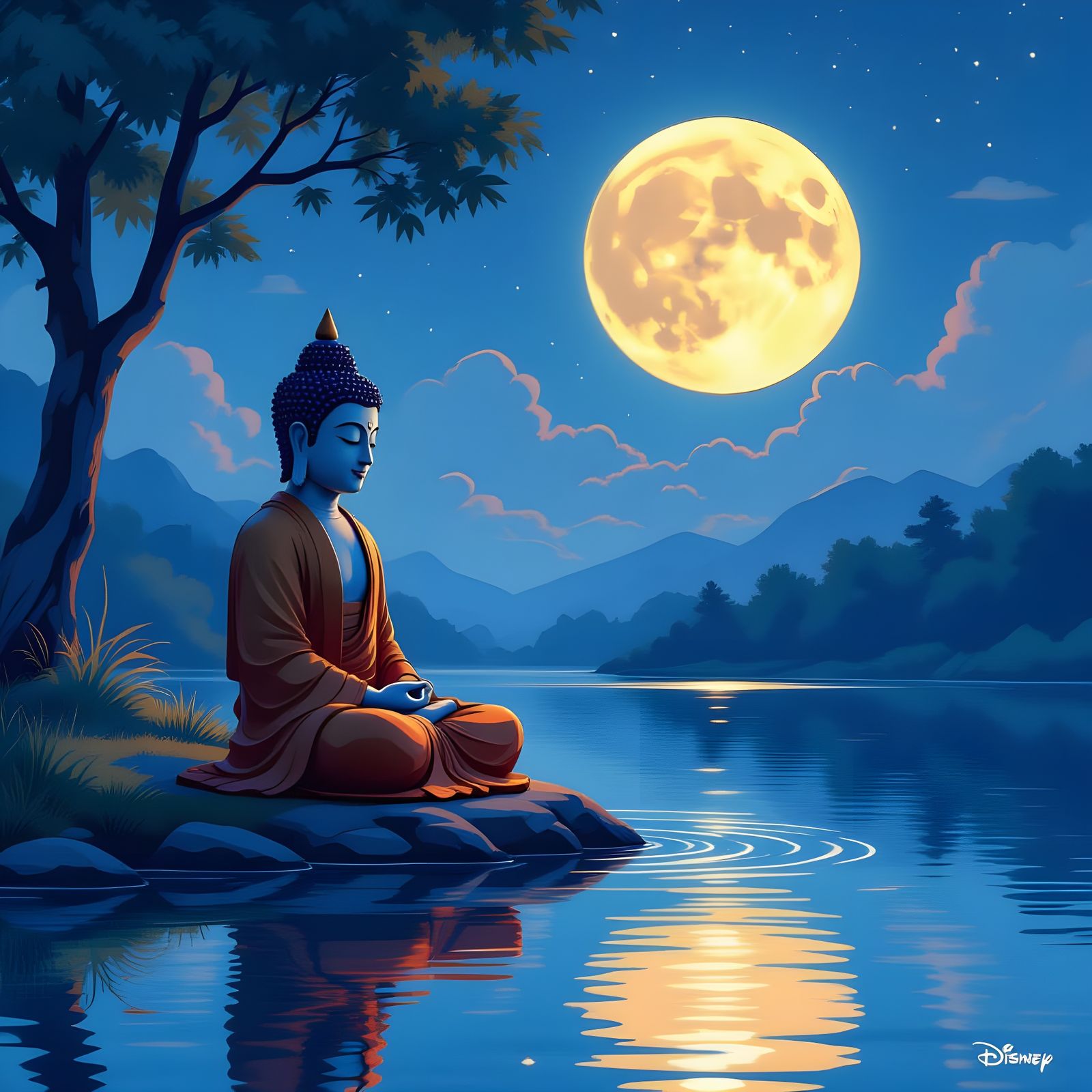 Buddha Under Full Moon, Disney Pixar Style, 4K