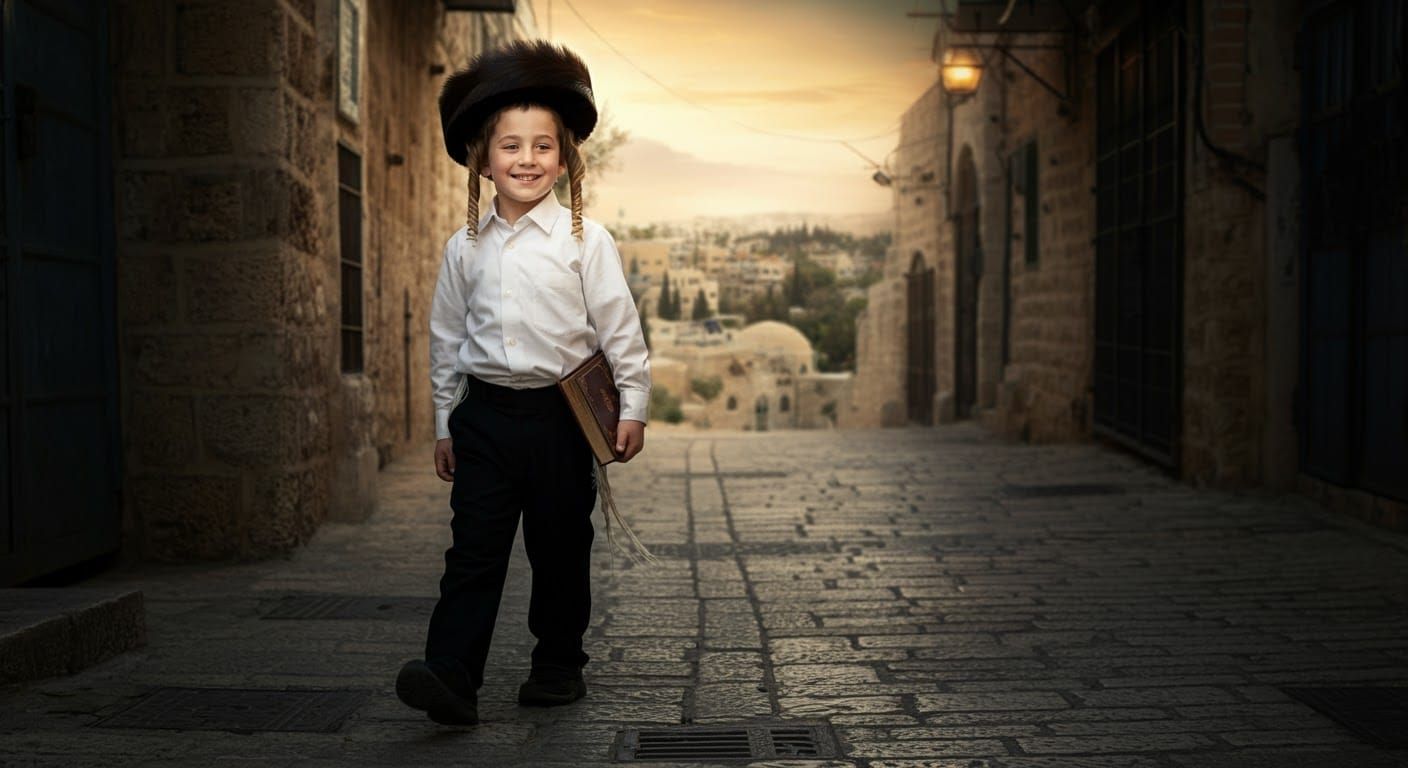 Hasidic Boy in Safed: Cinematic Matte Painting