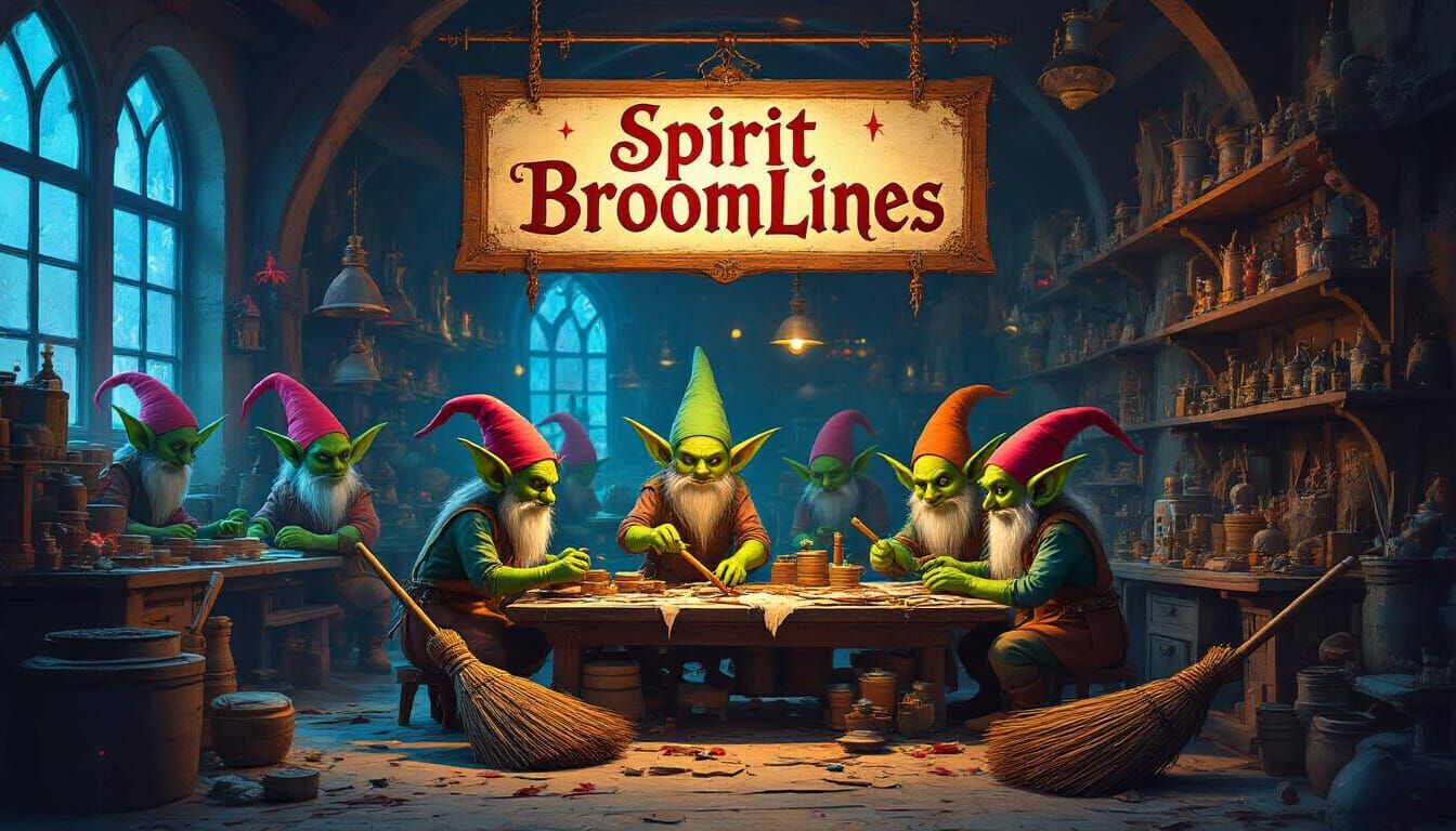 Goblins Crafting Magical Brooms in Surreal Workshop