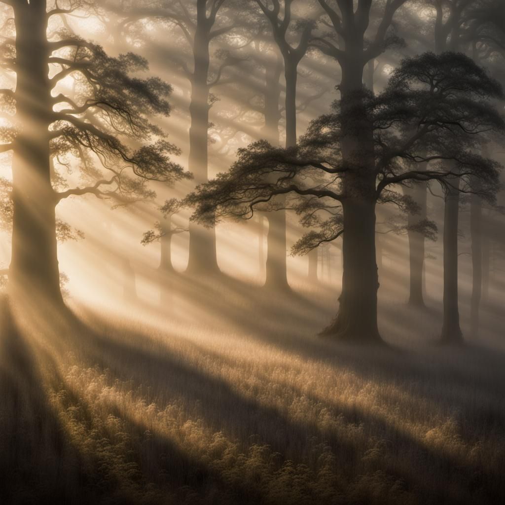Misty Oak Forest at Dawn in Encaustic Style
