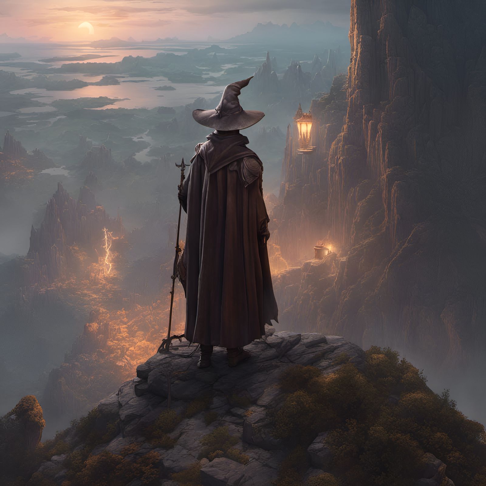Wizard on Cliffs in Dark Fantasy Style