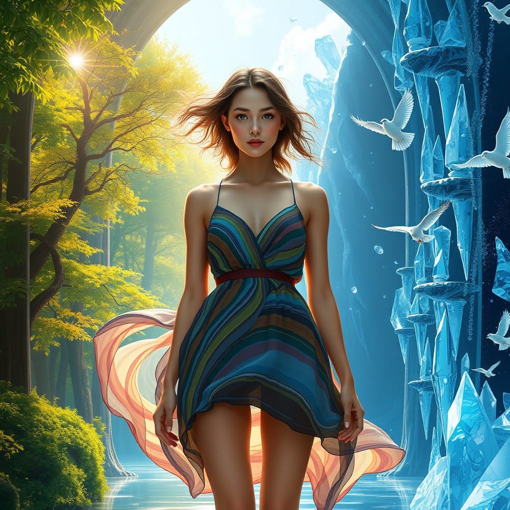 Digital Painting of a Serene Woman at the Threshold of Two R...