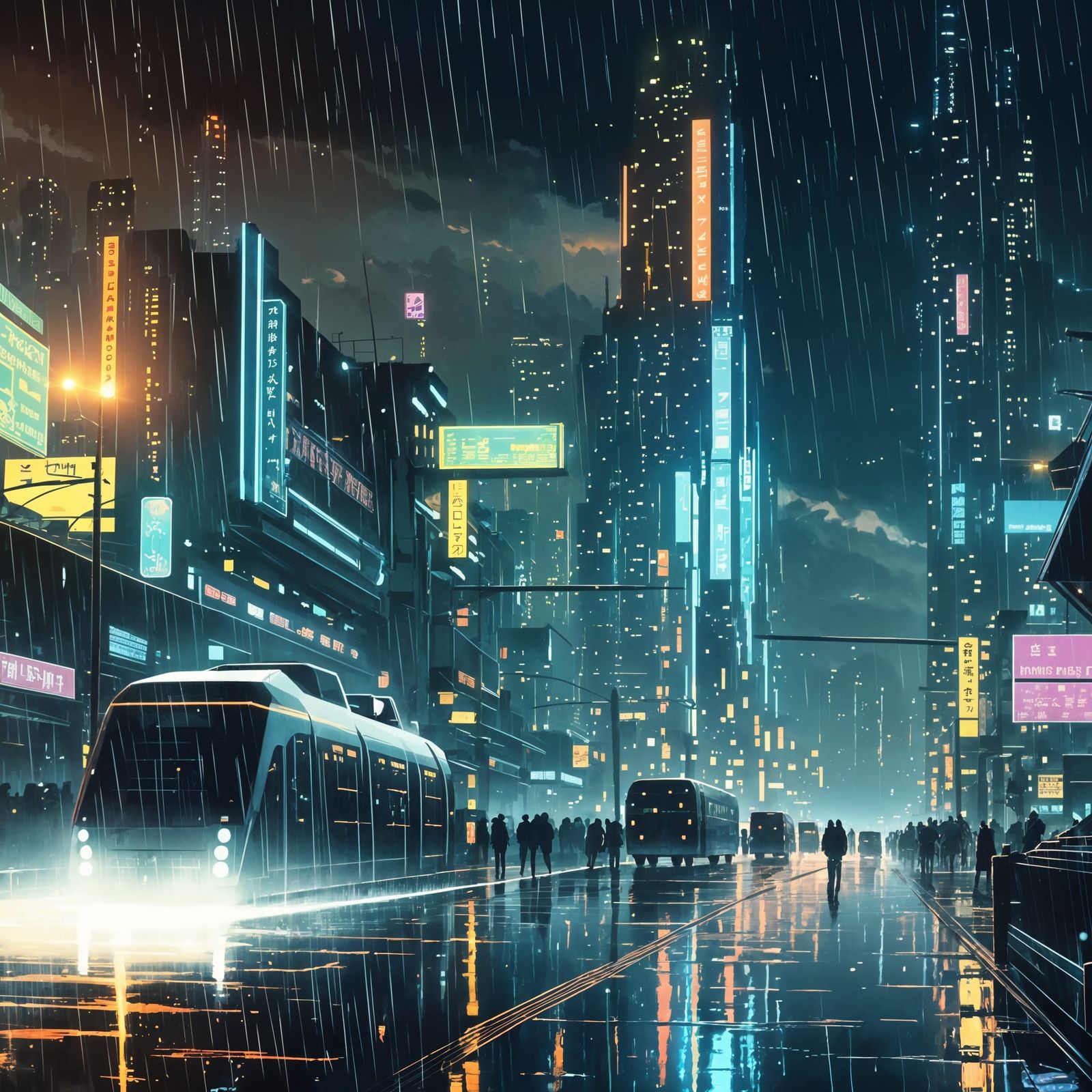 Dark Fantasy Cyberpunk Cityscape in Heavy Rain