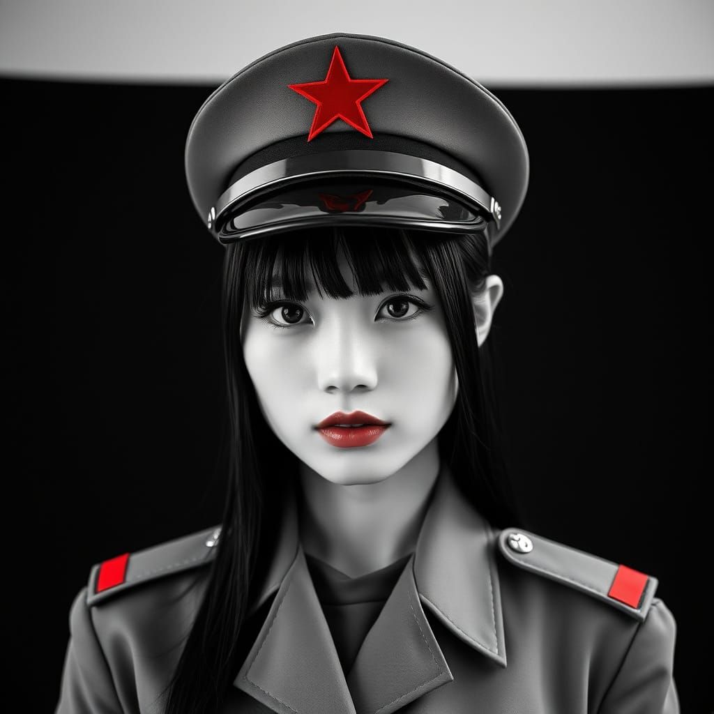 Monochrome Portrait of Chinese Woman in Military Uniform