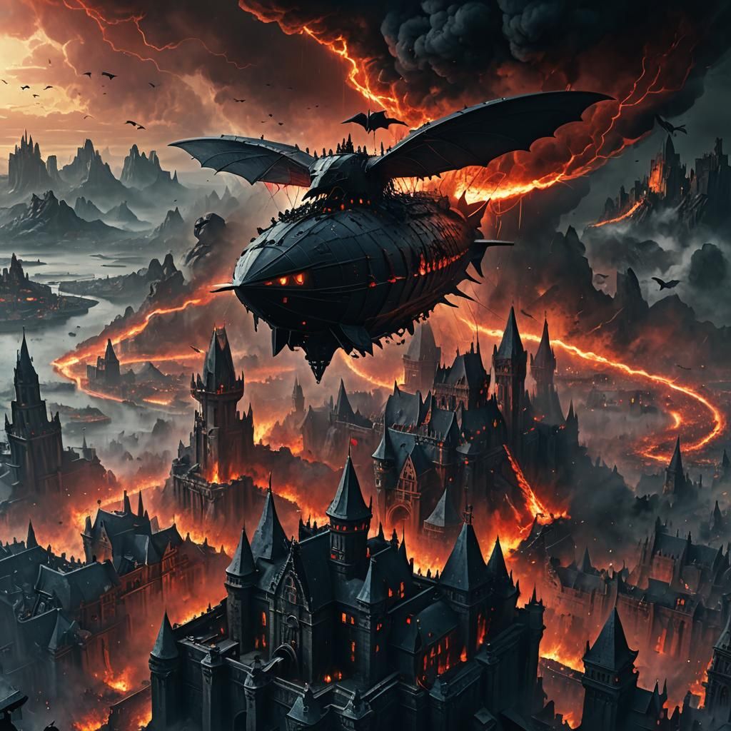 Dark Fantasy Airship Assault on Gothic Castle