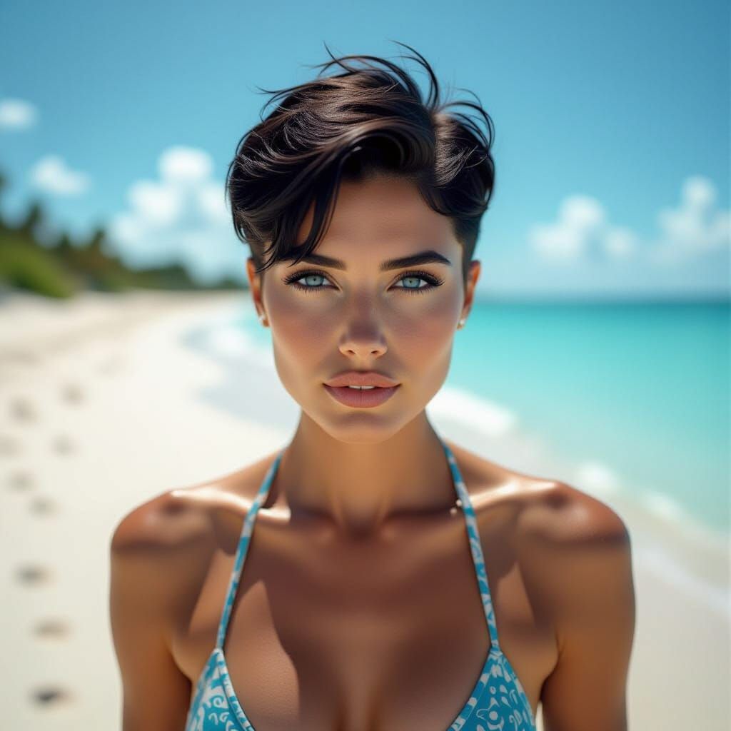 Cinematic Bikini Shot: Athletic Woman with Blue Cat Eyes