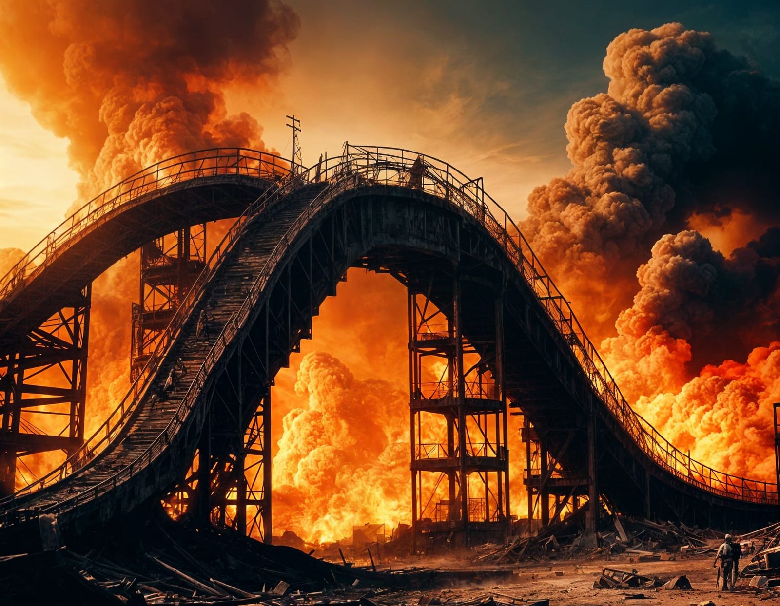 A towering meandering roller coaster in an abdanoned apocalyptic hellscape is slowly becoming engulfed in flames, the in...