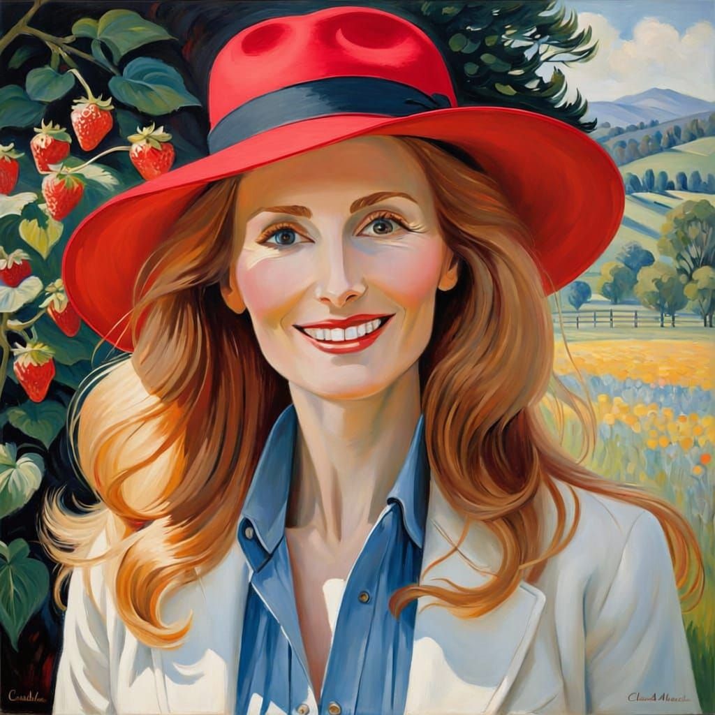 Post-Impressionist Portrait of Smiling Woman in Red Fedora