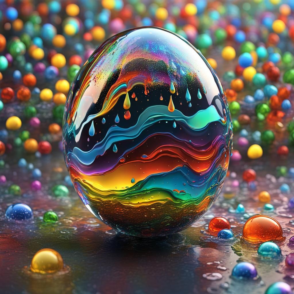 Egg-shaped clear glass sphere, rainbow color pieces of glass...