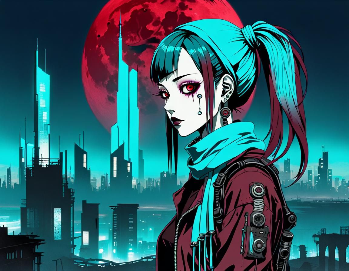 Cyberpunk Girl with Neon Skyline in Junji Ito Style