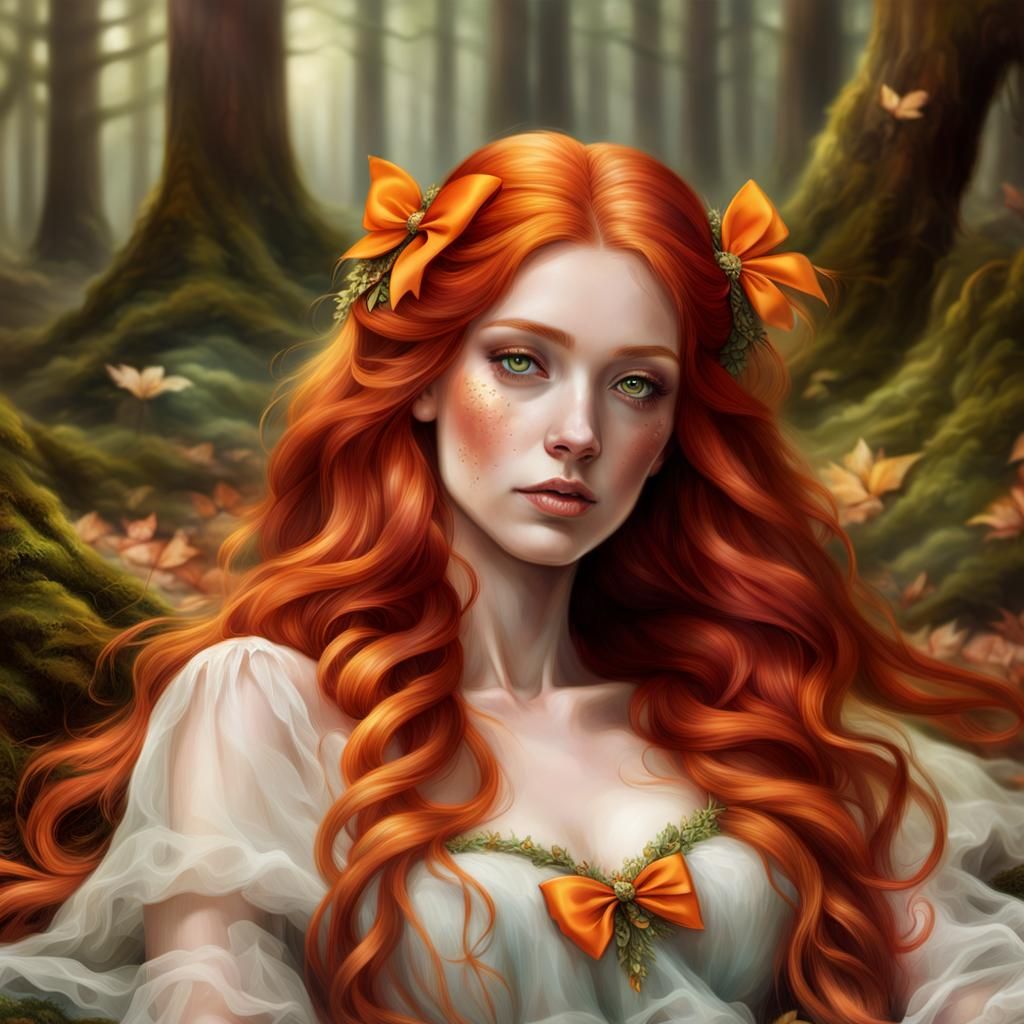 Dreamy Woodland Goddess with Vibrant Red Hair