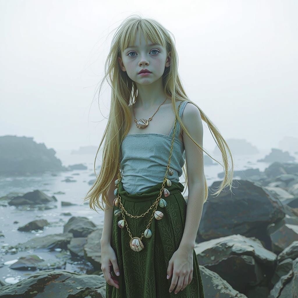 Ethereal Girl with Shell Necklace on Rocky Shore