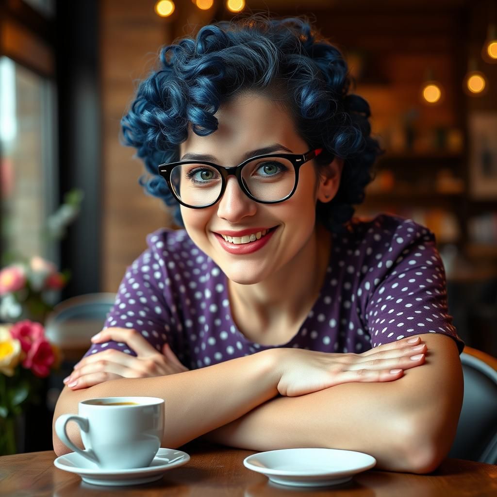 Realistic Photo of Woman with Blue Curls in Coffee Shop