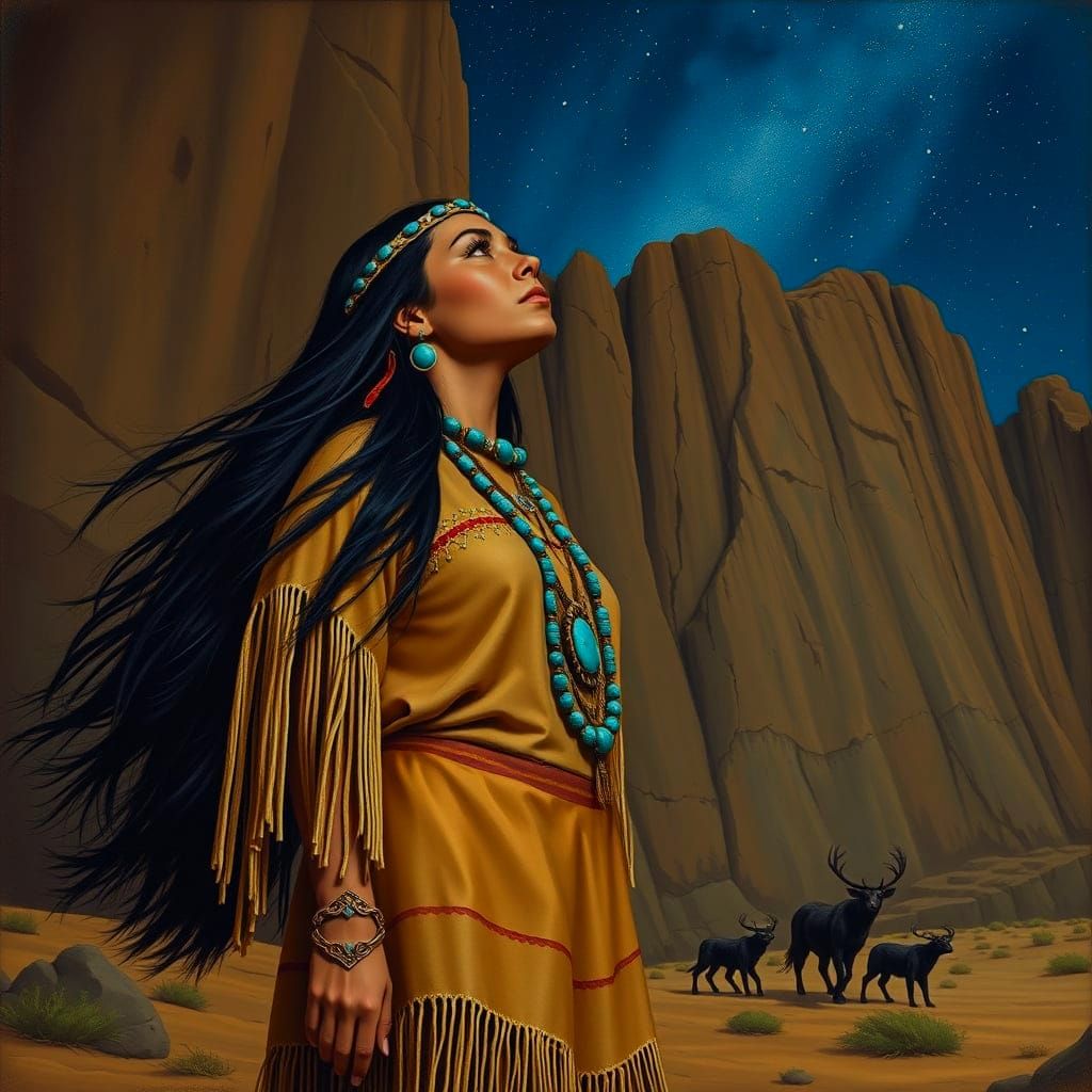 Navajo Woman Stargazing in the Desert Night