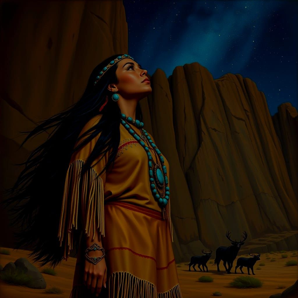 Navajo Woman Gazing at Stars in the Desert Night