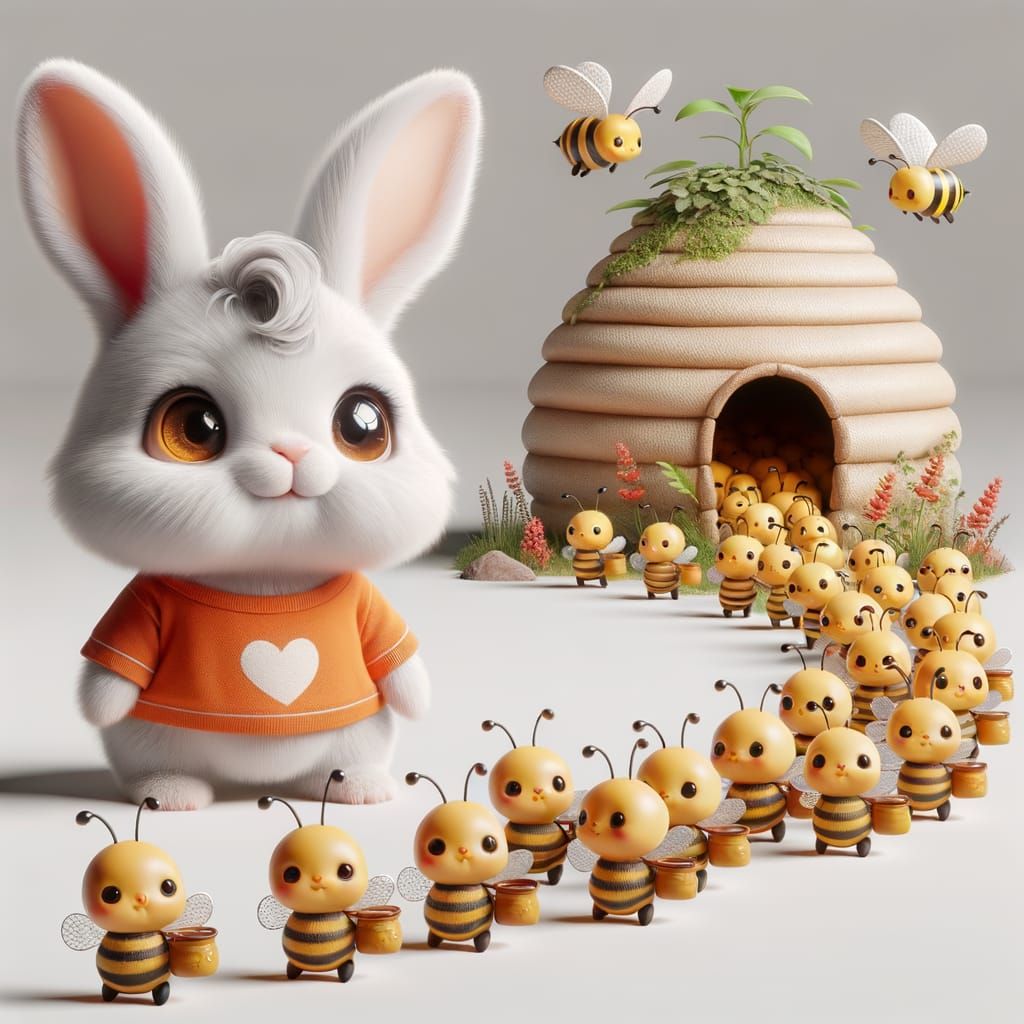 Whimsical White Rabbit Watches Happy Bees in Fantasy Landsca...