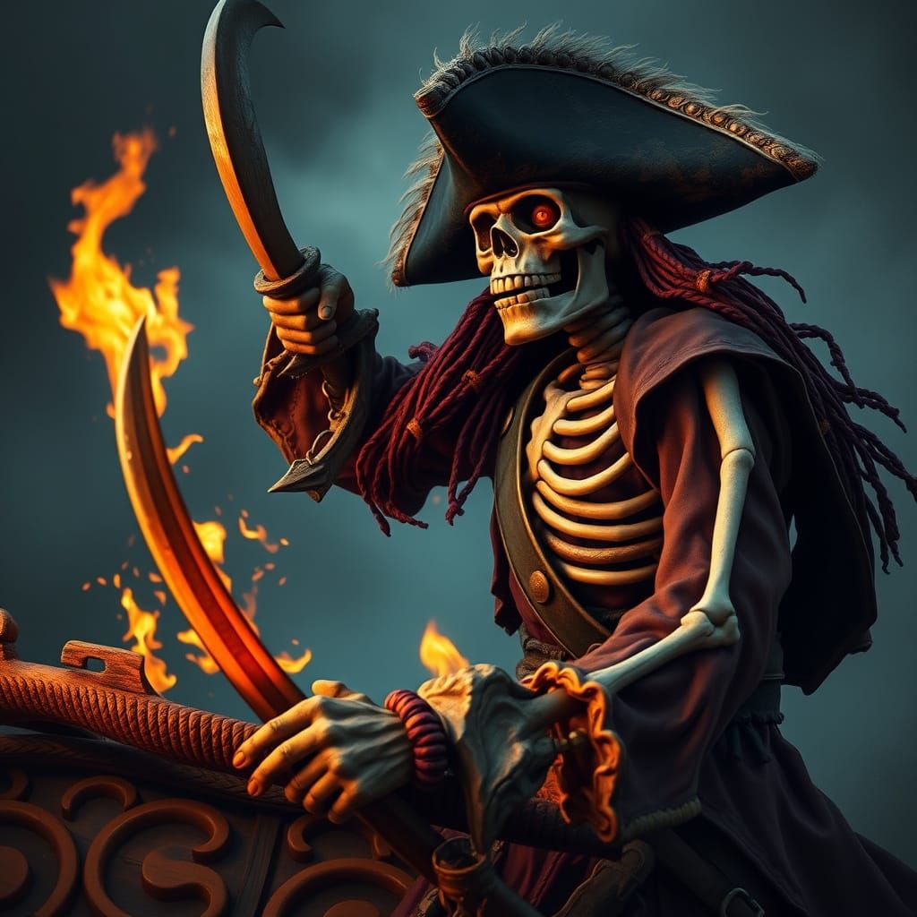 Skeleton Pirate Captain Battles Swashbuckler