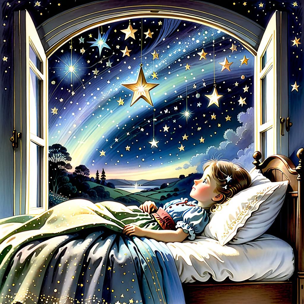 Whimsical Storybook Scene of Little Girl Gazing at the Stars