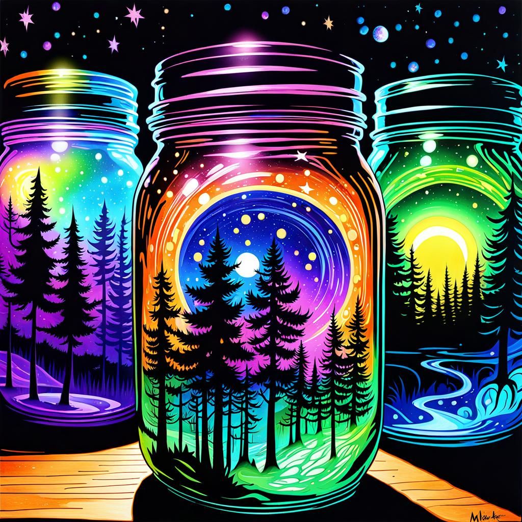 Bioluminescent Forest in a Mason Jar, Blacklight Painting