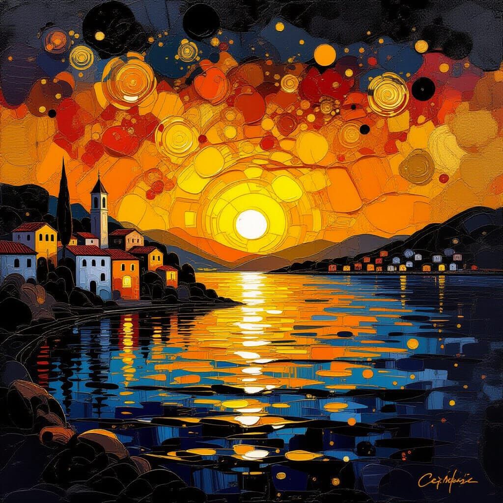 Mediterranean Sunset in Style of Cezanne and Klimt