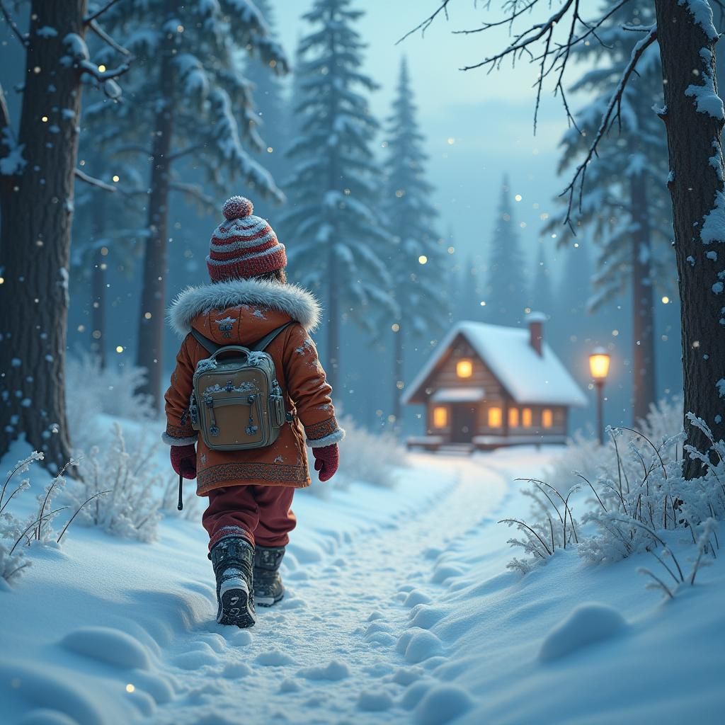 Brave Child Walks into Mystical Snowstorm