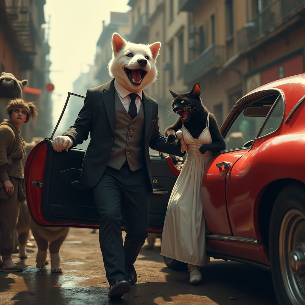 Condescending Dog and Cat in Luxury Car, Digital Art