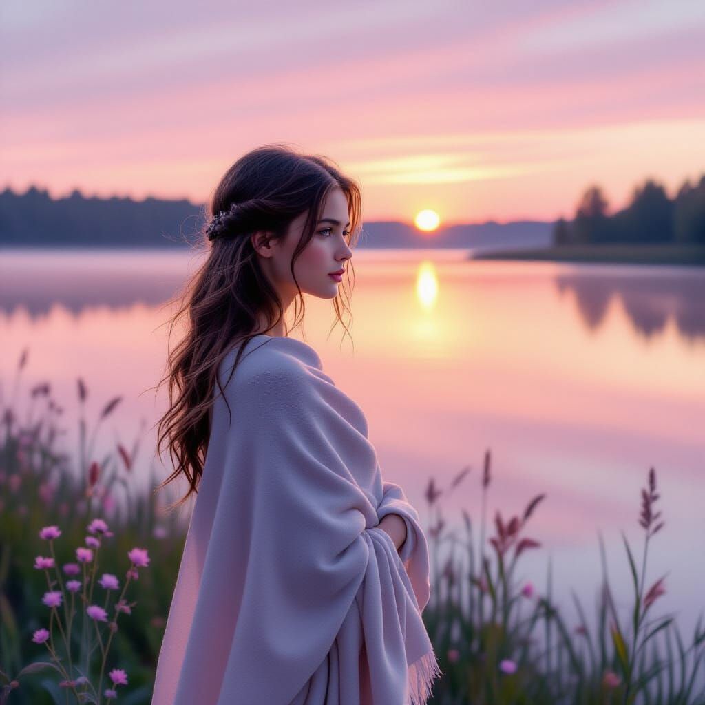 Girl by Lakeside at Dawn in Photorealistic Style