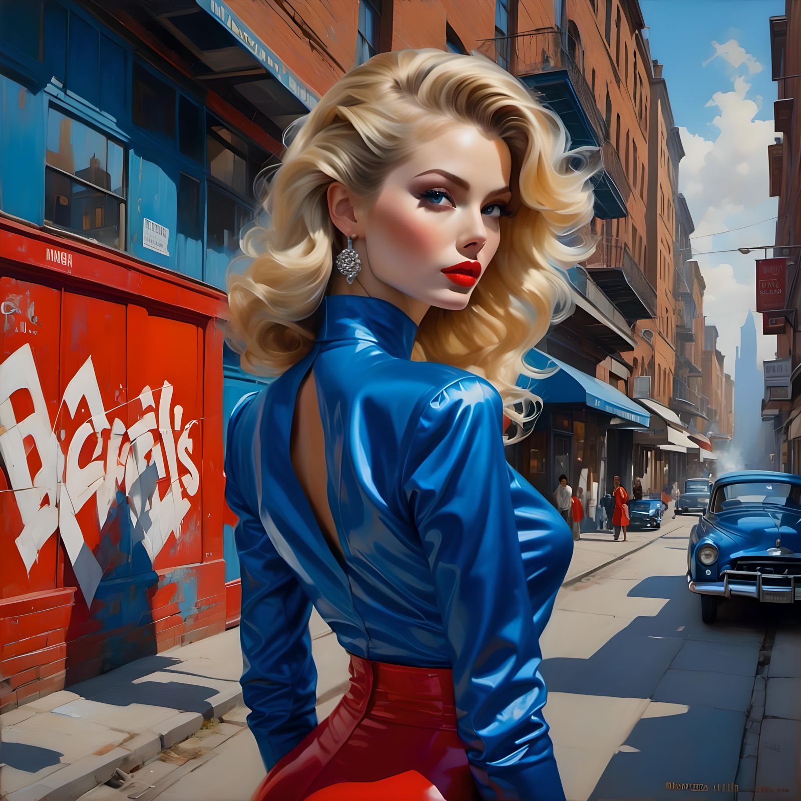 Blonde Woman in Red Bodysuit with Graffiti Art