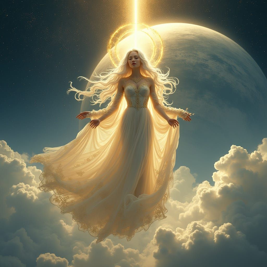 Ethereal Goddess in Cosmic Scene with Glowing Halo and Star