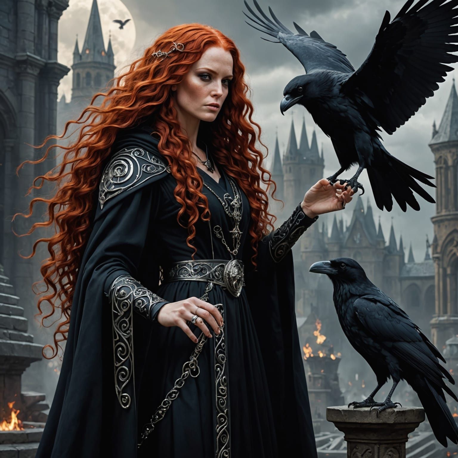 Morigan Talking to Raven in a Sinister Battle Scene