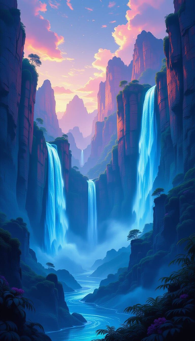 Alien Waterfalls: A Surreal Bioluminescent Landscape