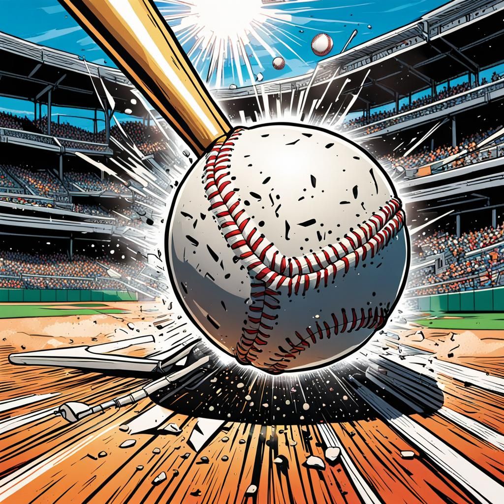 A baseball bat hit a baseball so hard the ball unstitches