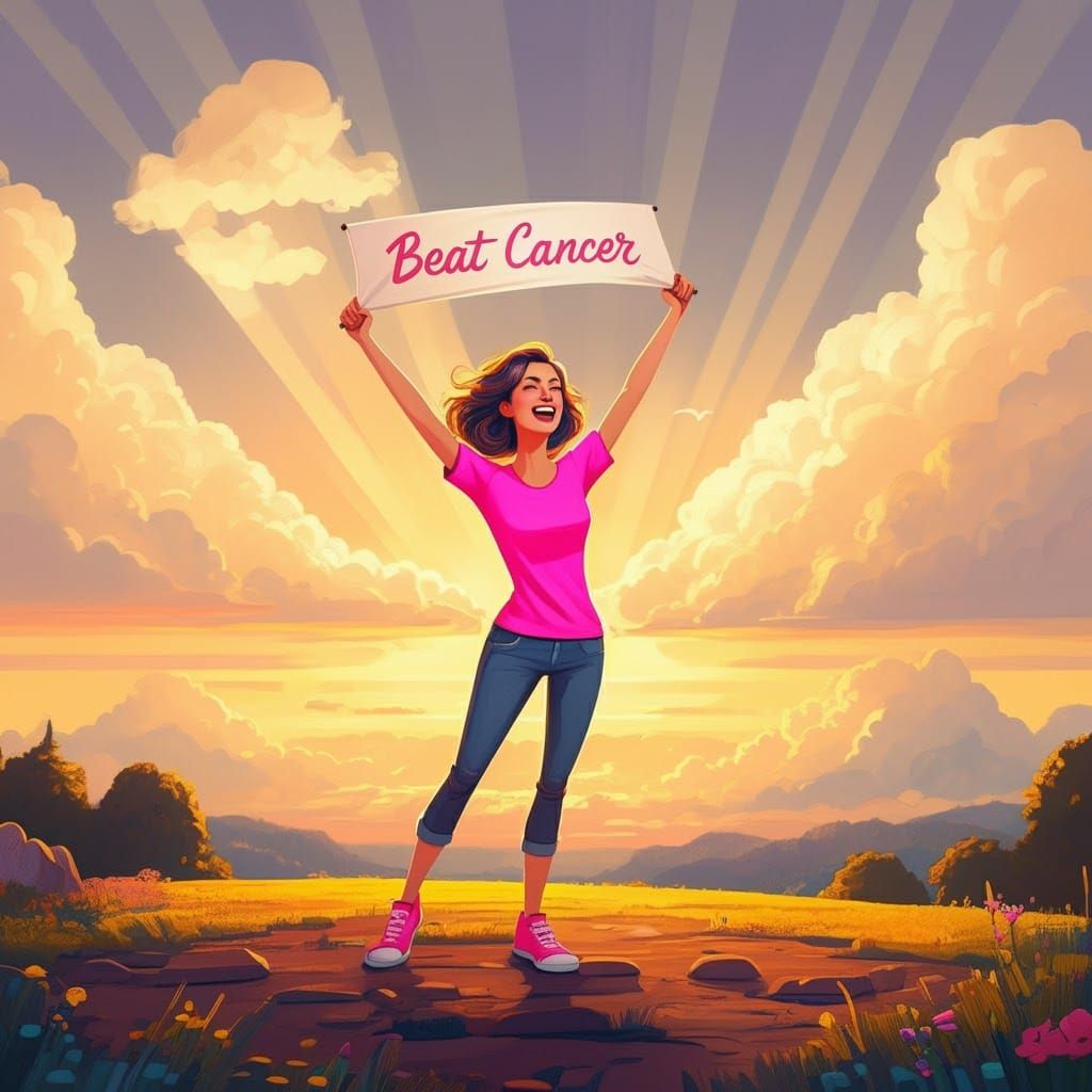 Woman Triumphant Over Cancer in Pop Art Style