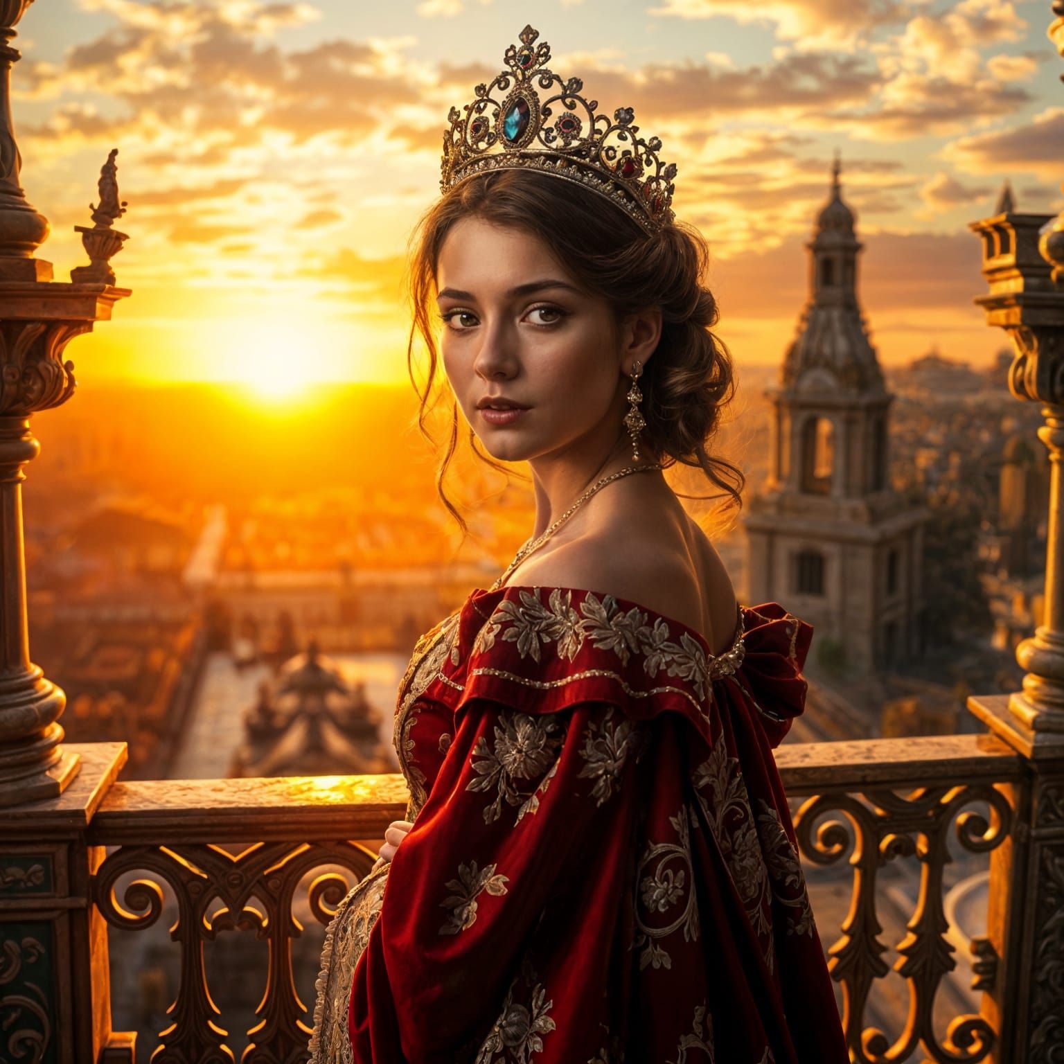 Baroque Princess on Balcony at Sunset Oil Painting