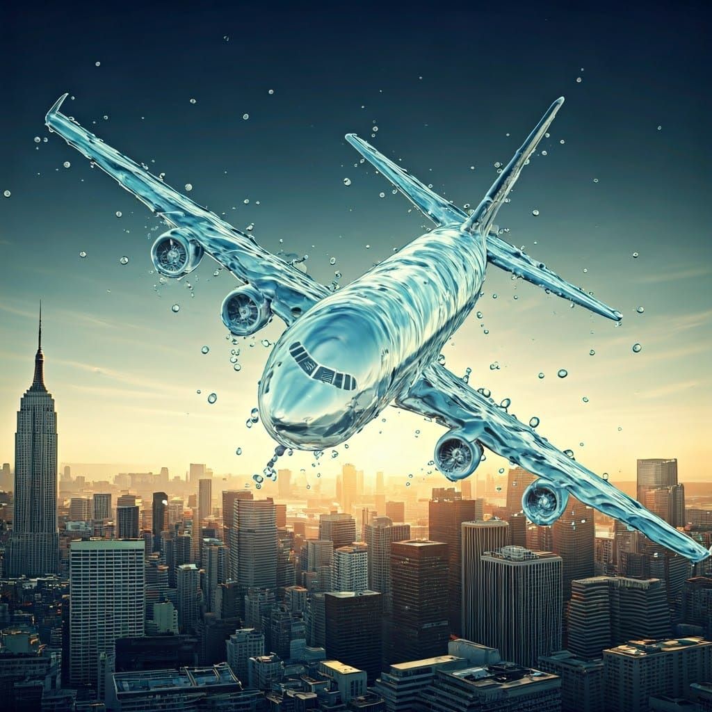 Crystal Airplane Plummets into City in Dreamlike Surrealism