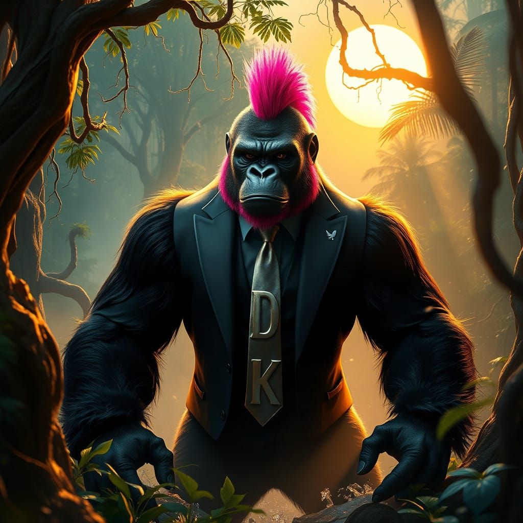 Cyberpunk King Kong in a Prehistoric Jungle