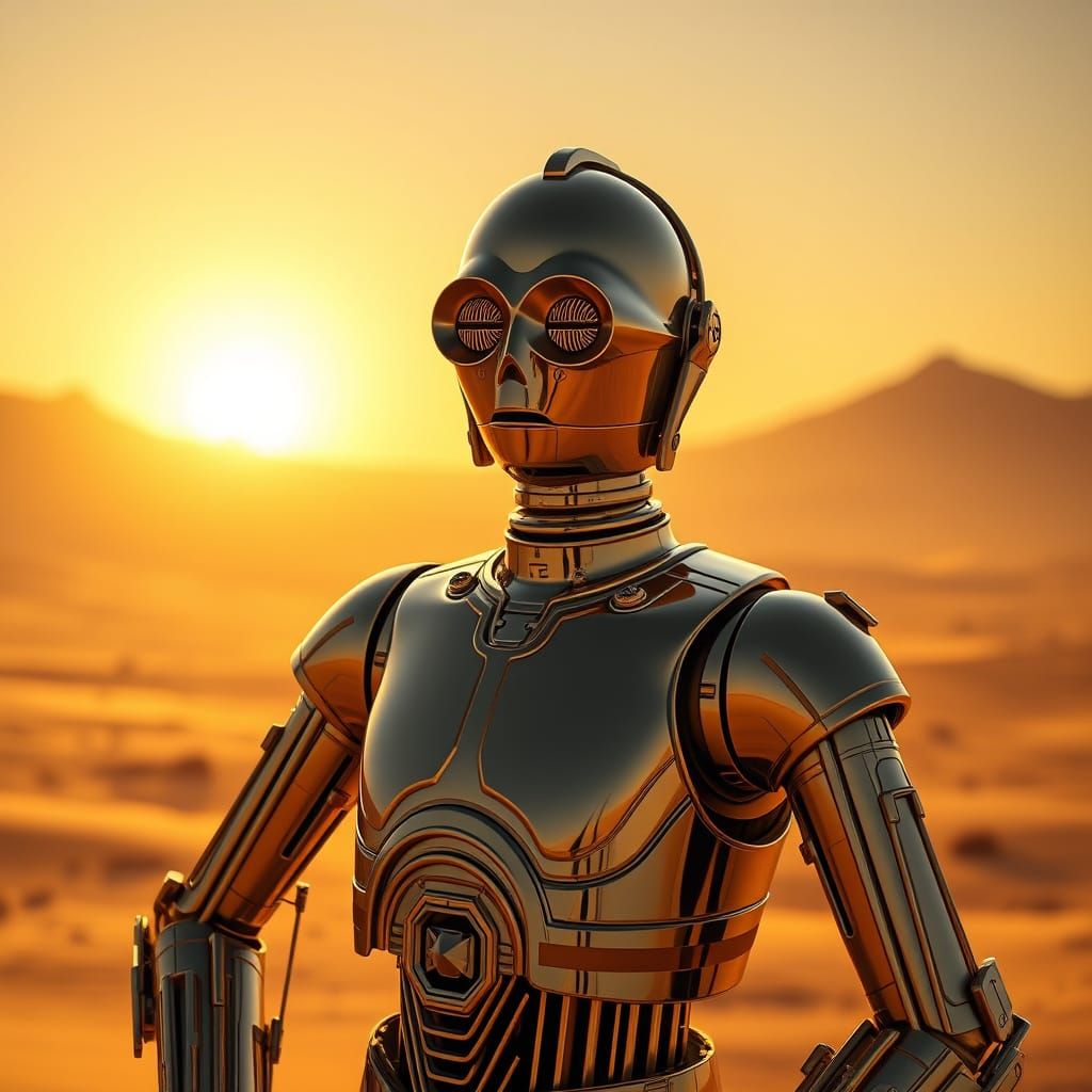 Photorealistic C-3PO on Tatooine at Sunset