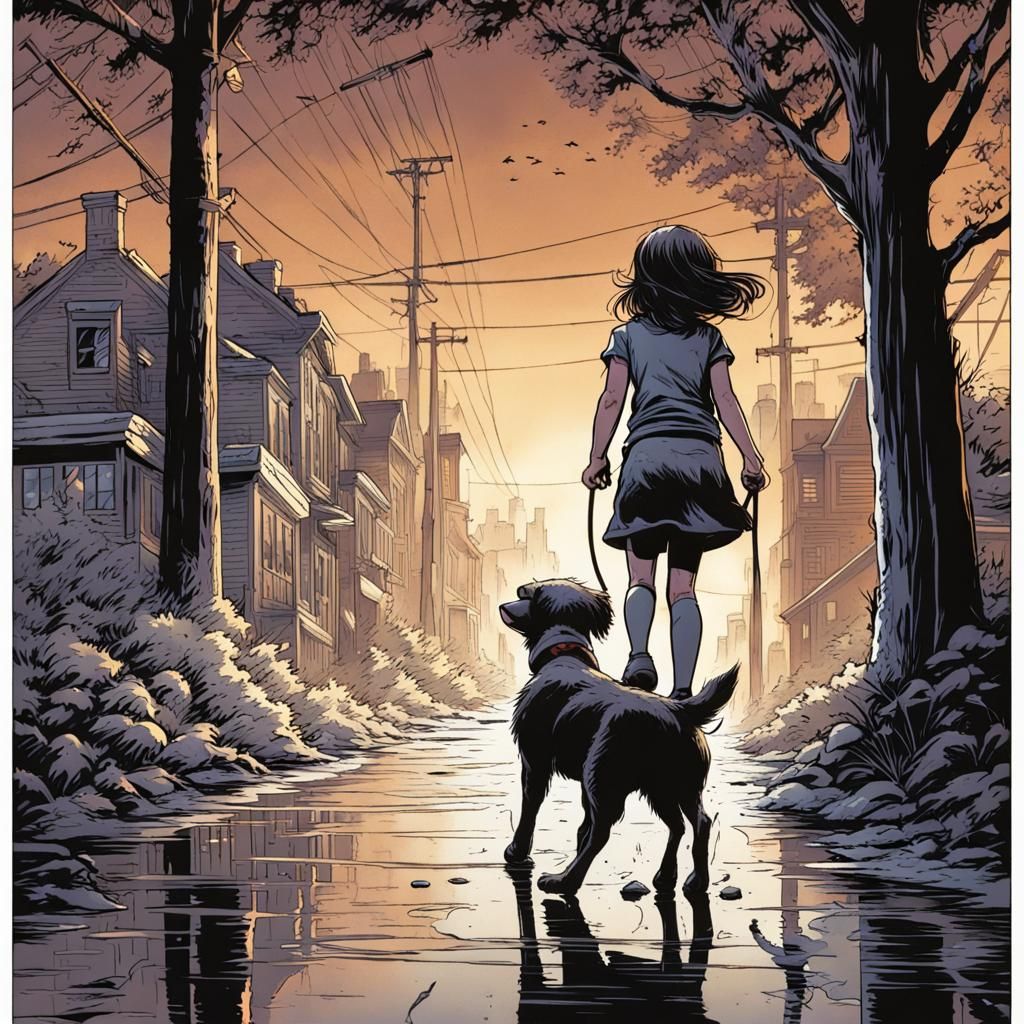 Girl and Dog Walking: Comic Book Style Art