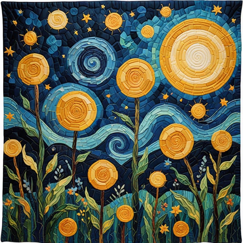 Post-Impressionist Quilt Art with Golden Stars and Royal Blu...