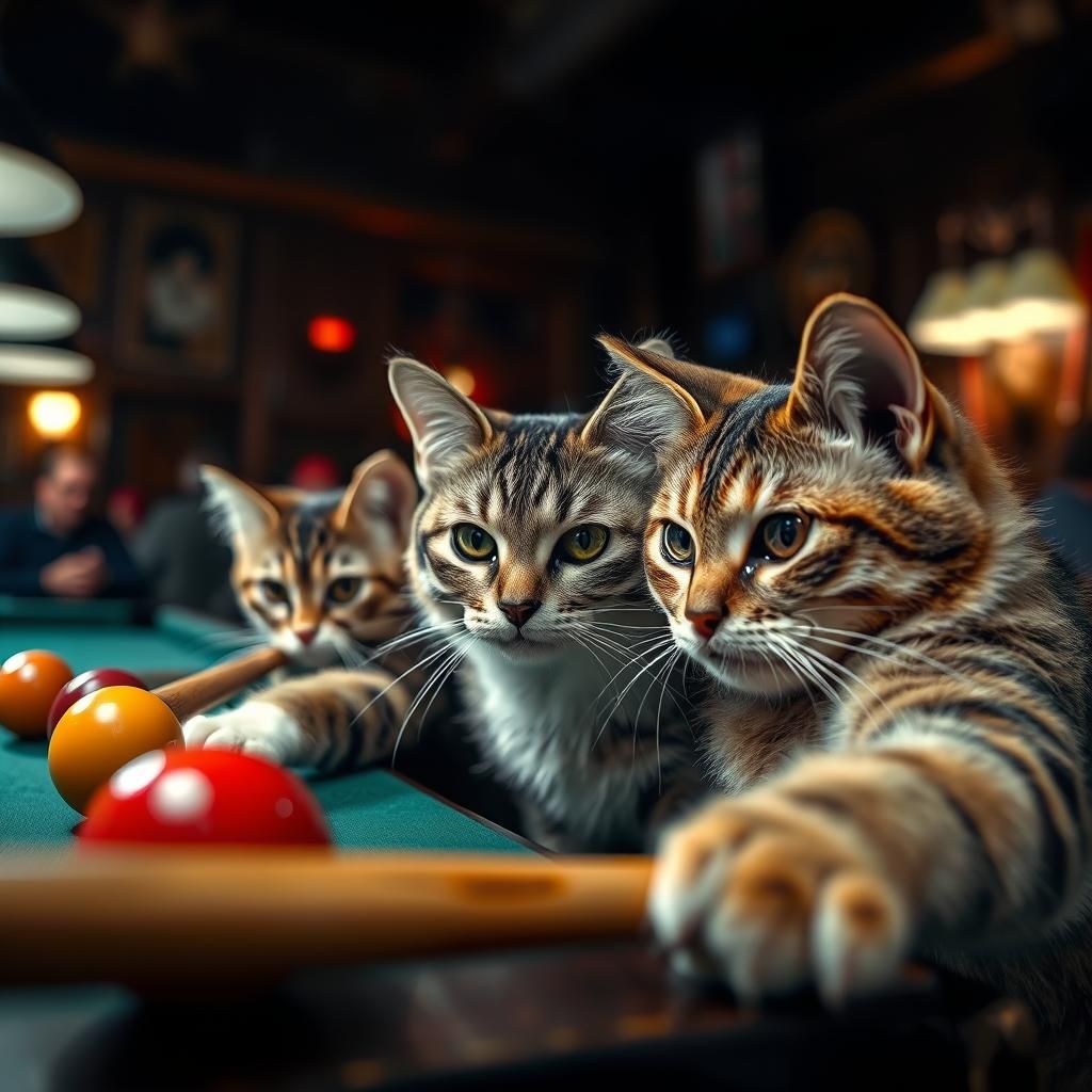 Cats playing billiards in a tavern Close-up portrait, color ...