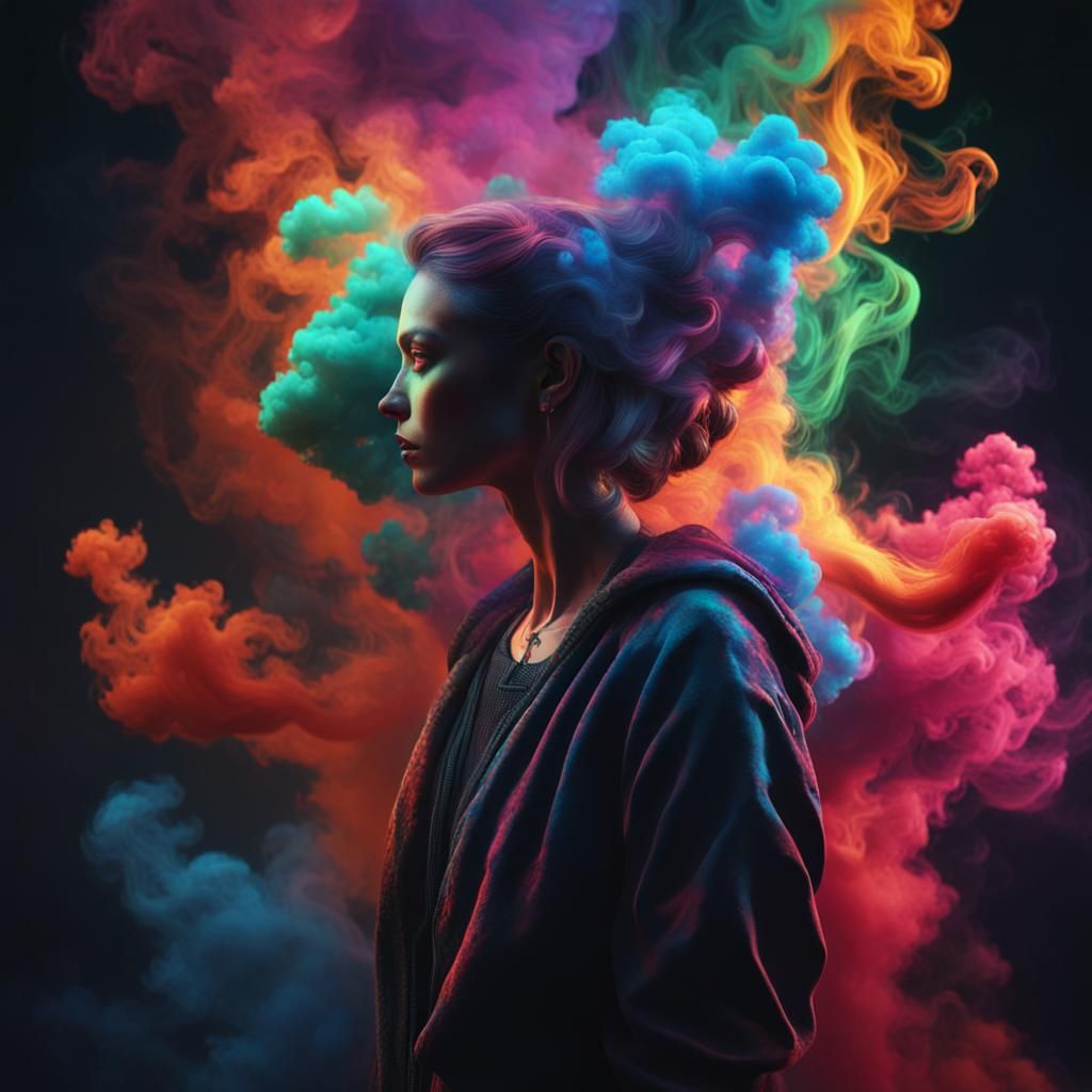 Psychedelic Smoke Woman in a Dark Room