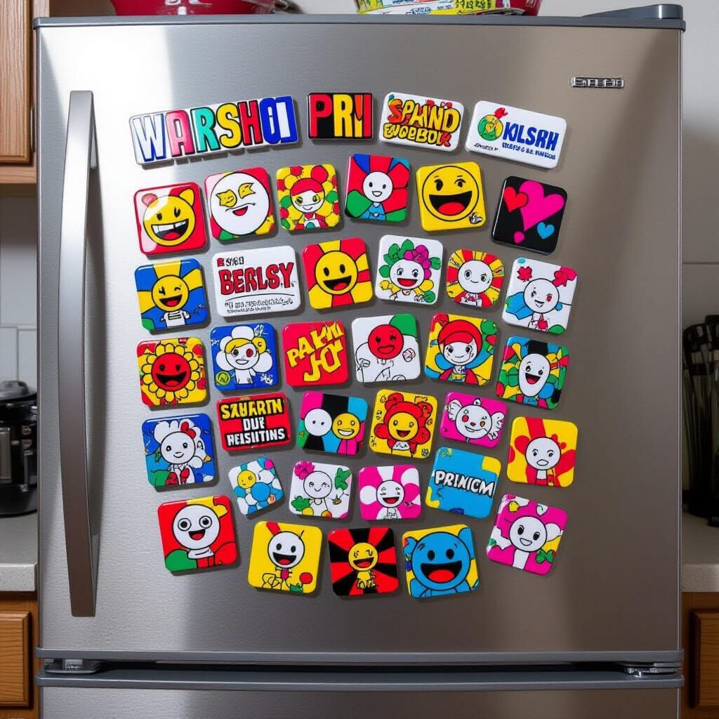 Pop Art Fridge Magnets on Metal Door
